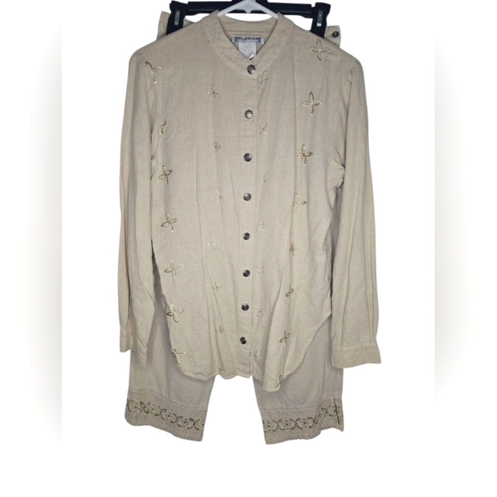 Vintage Museum 2 Piece Linen Set With Cropped Pants Embroidered Neutral Boho M